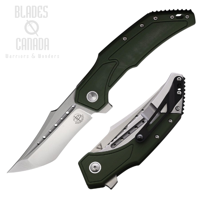 Begg Knives Astio Flipper Framelock Knife, D2 Satin, G10 OD Green, BG007